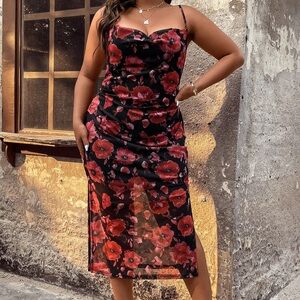 SHEIN Black and Red Floral Midi Dress
